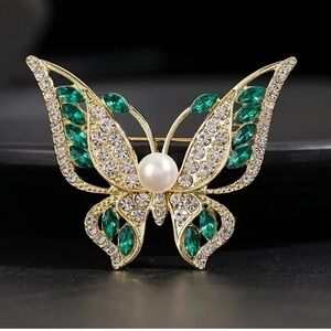 Butterfly‎ Brooch Pin Gold Tone Green Rhinestone Pearl Elegant Jewelry